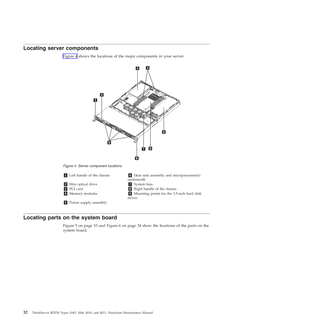 Lenovo RD230 manual Locating server components, Locating parts on the system board 