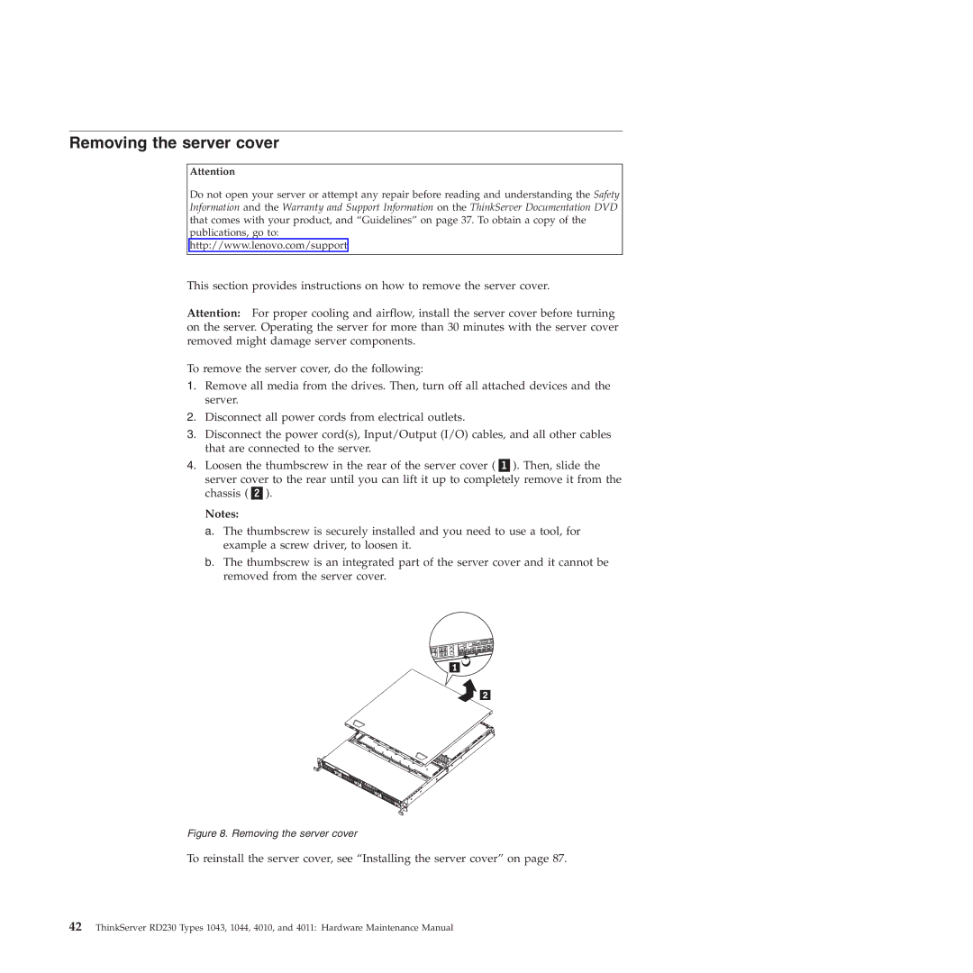 Lenovo RD230 manual Removing the server cover 