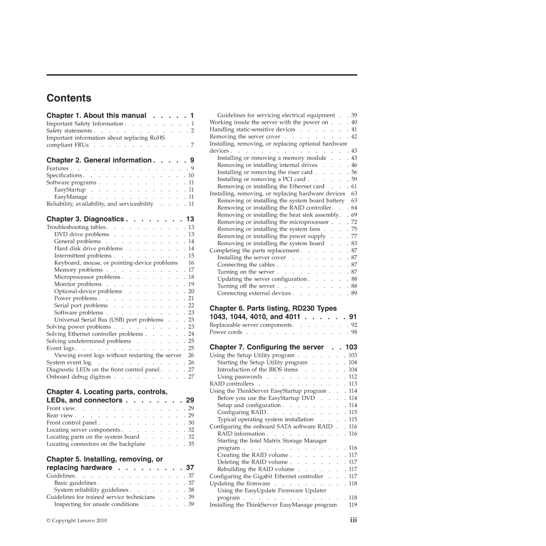 Lenovo RD230 manual Contents 