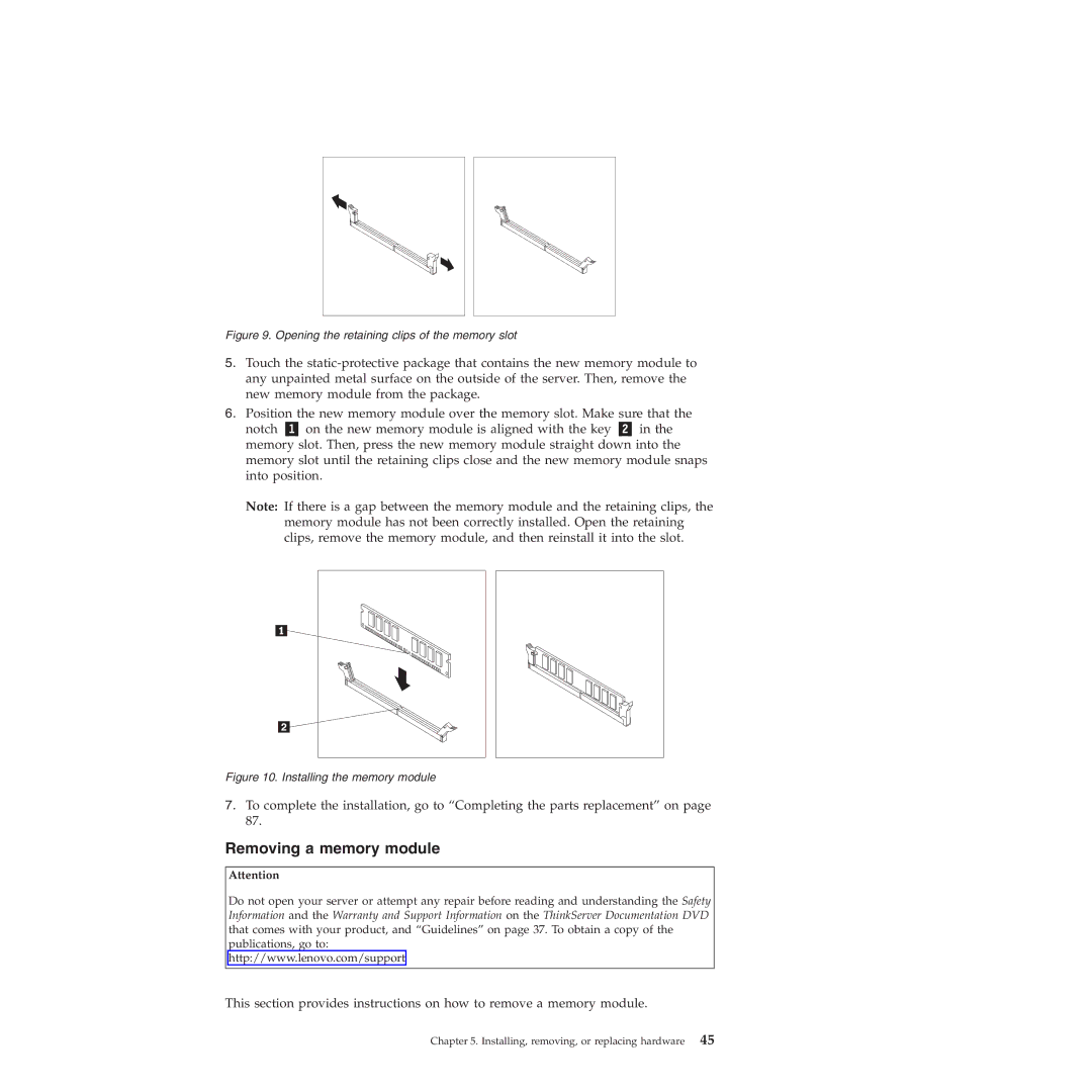 Lenovo RD230 manual Removing a memory module, Opening the retaining clips of the memory slot 