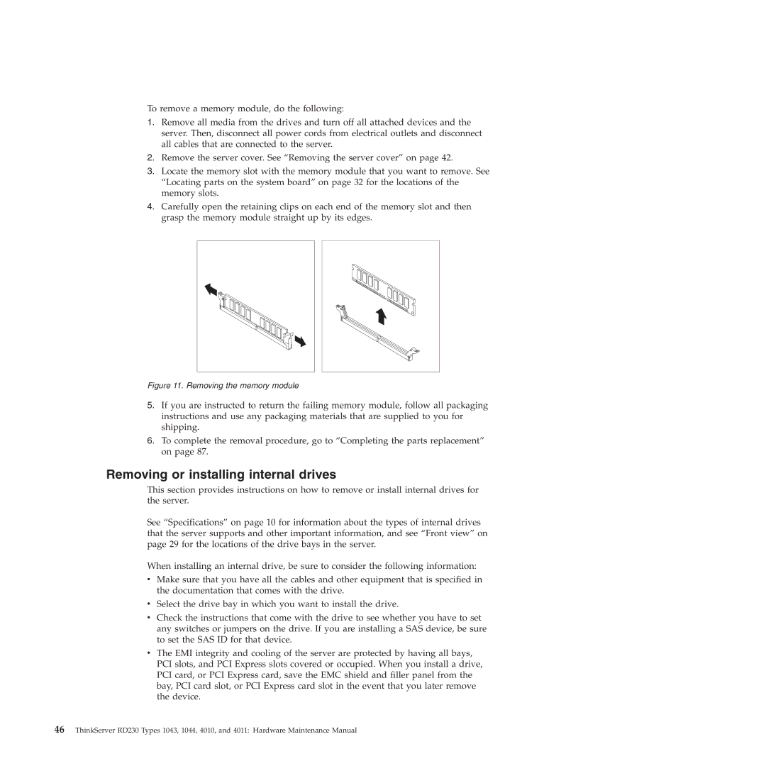 Lenovo RD230 manual Removing or installing internal drives, Removing the memory module 