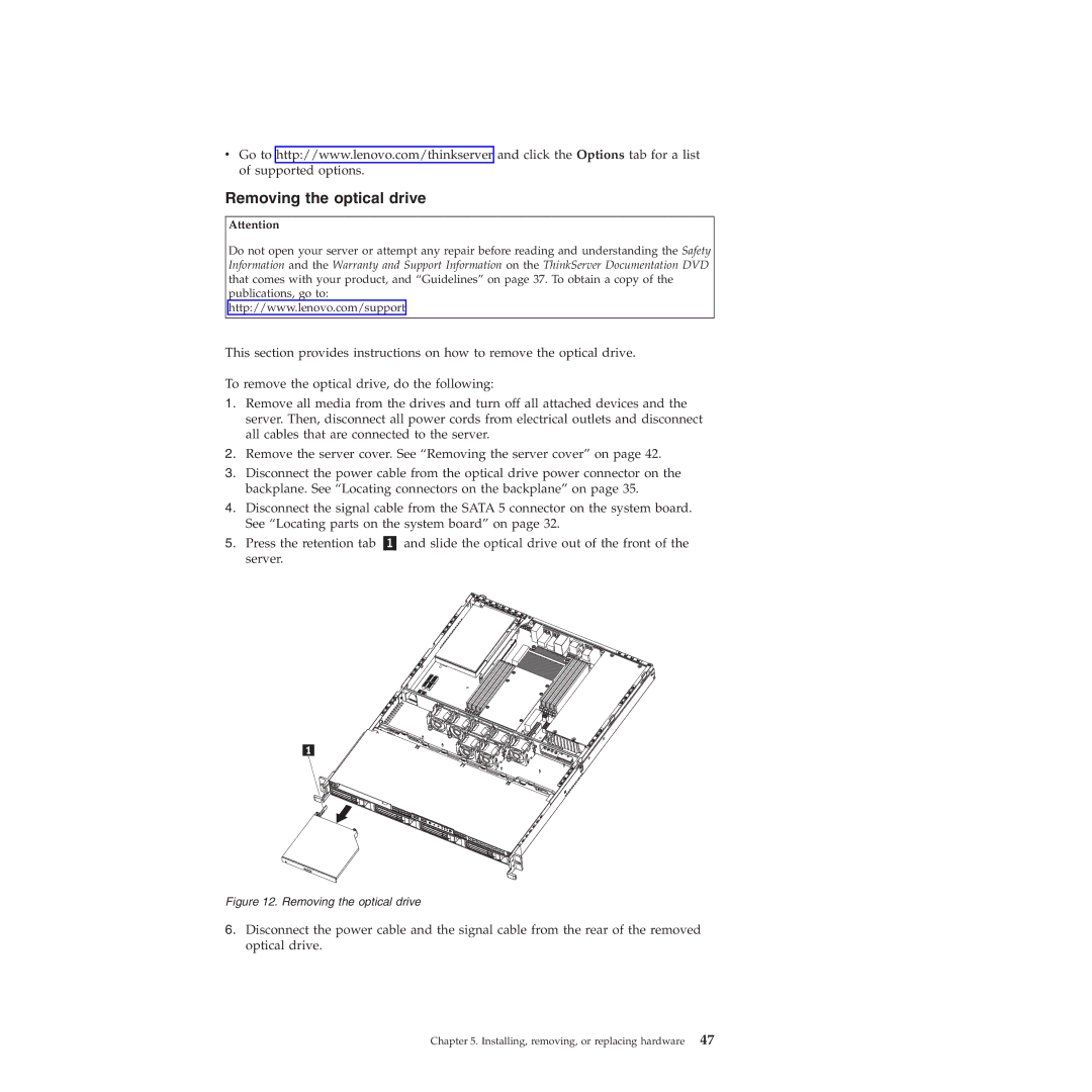 Lenovo RD230 manual Removing the optical drive 