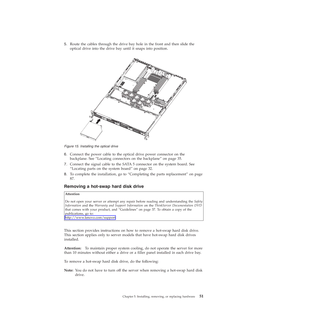 Lenovo RD230 manual Removing a hot-swap hard disk drive, Installing the optical drive 