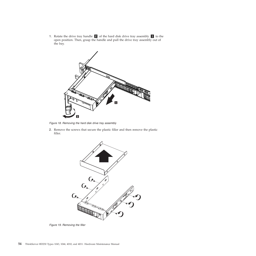 Lenovo RD230 manual Removing the hard disk drive tray assembly 