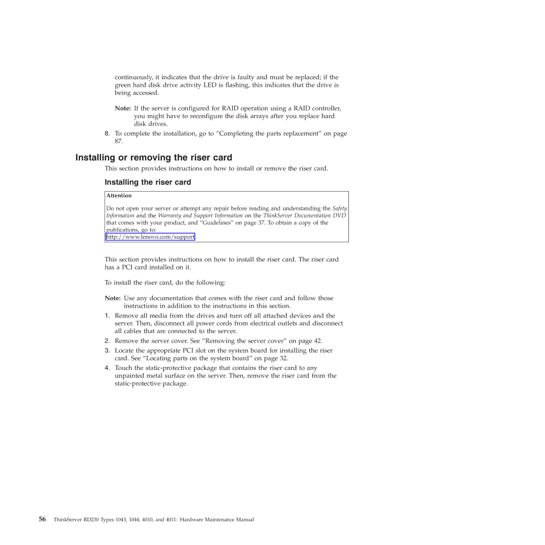 Lenovo RD230 manual Installing or removing the riser card, Installing the riser card 