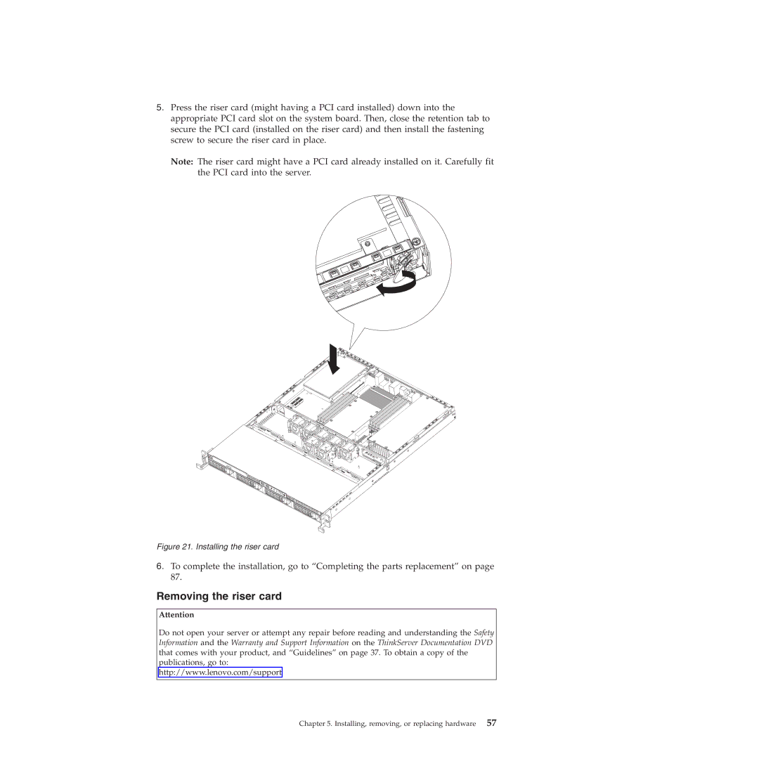 Lenovo RD230 manual Removing the riser card, Installing the riser card 