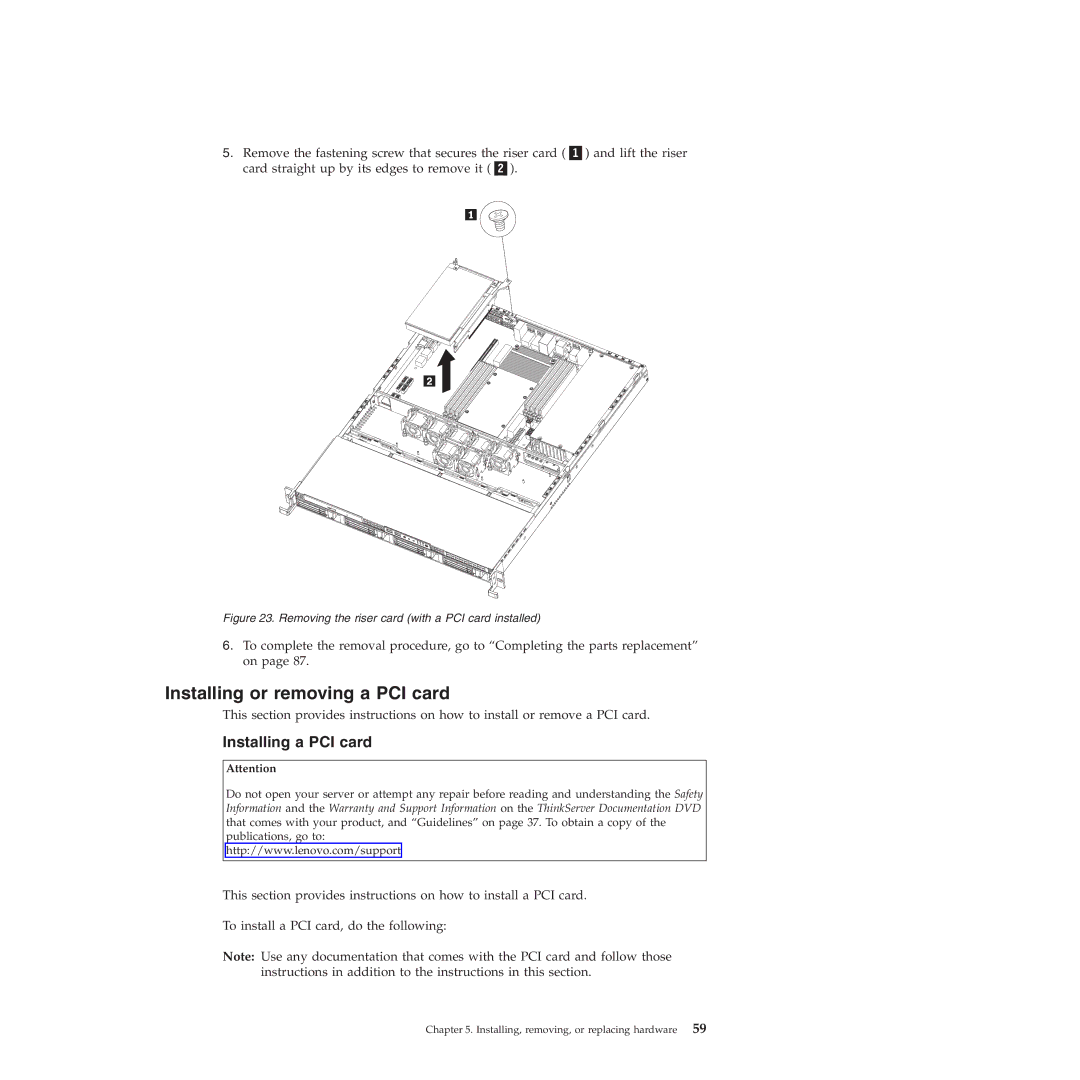 Lenovo RD230 manual Installing or removing a PCI card, Installing a PCI card 