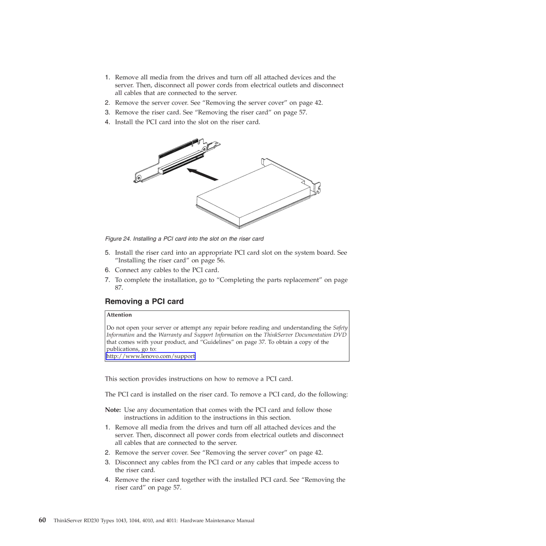 Lenovo RD230 manual Removing a PCI card, Installing a PCI card into the slot on the riser card 