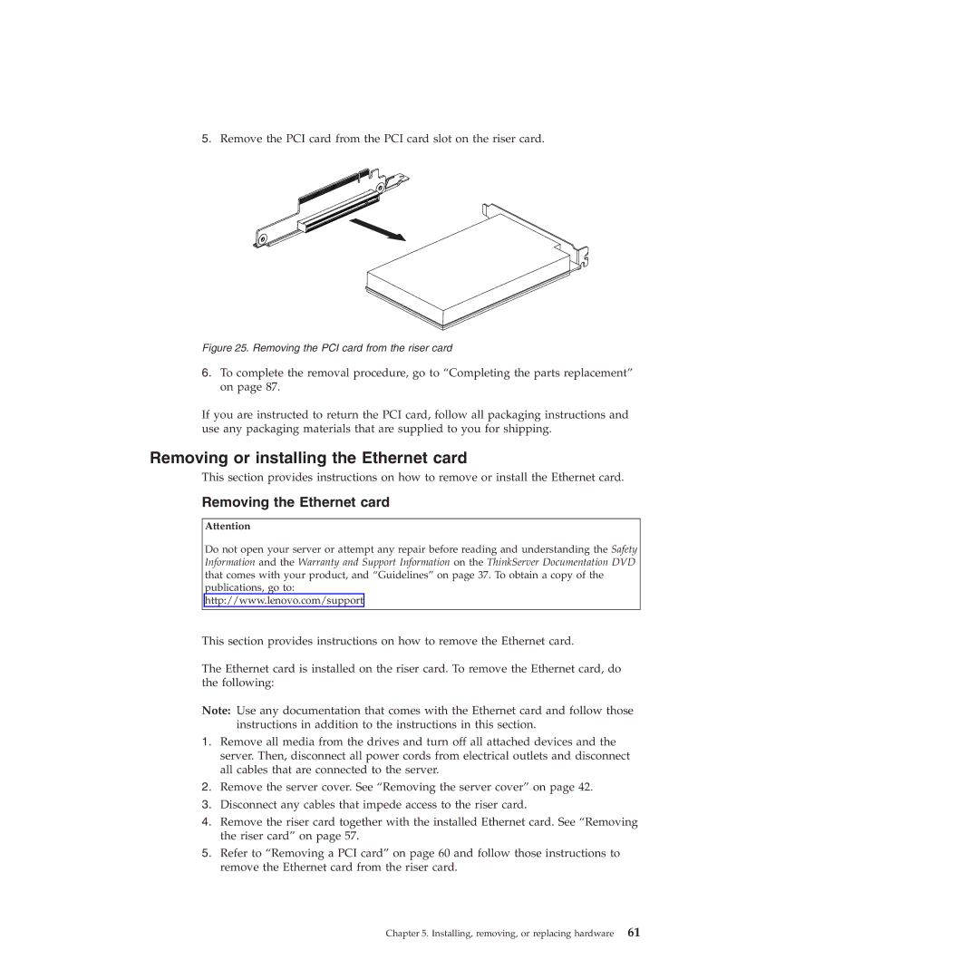 Lenovo RD230 manual Removing or installing the Ethernet card, Removing the Ethernet card 