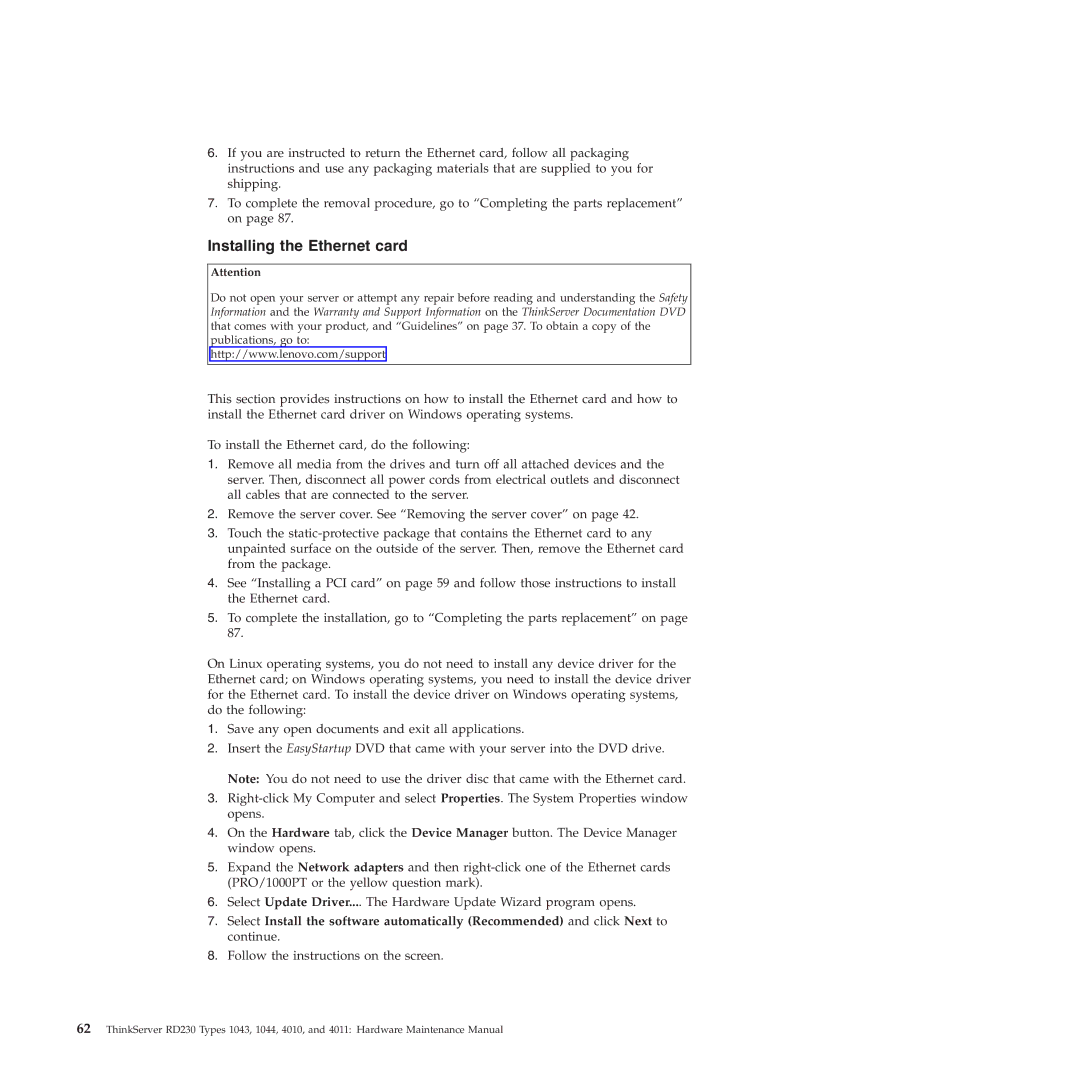 Lenovo RD230 manual Installing the Ethernet card 