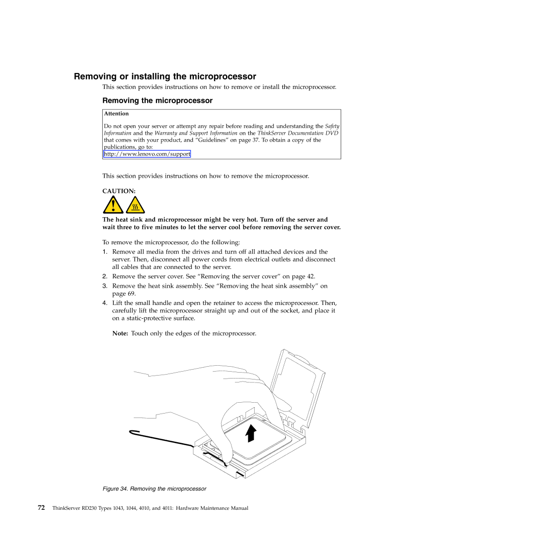 Lenovo RD230 manual Removing or installing the microprocessor, Removing the microprocessor 