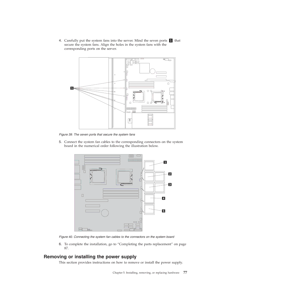 Lenovo RD230 manual Removing or installing the power supply, Seven ports that secure the system fans 