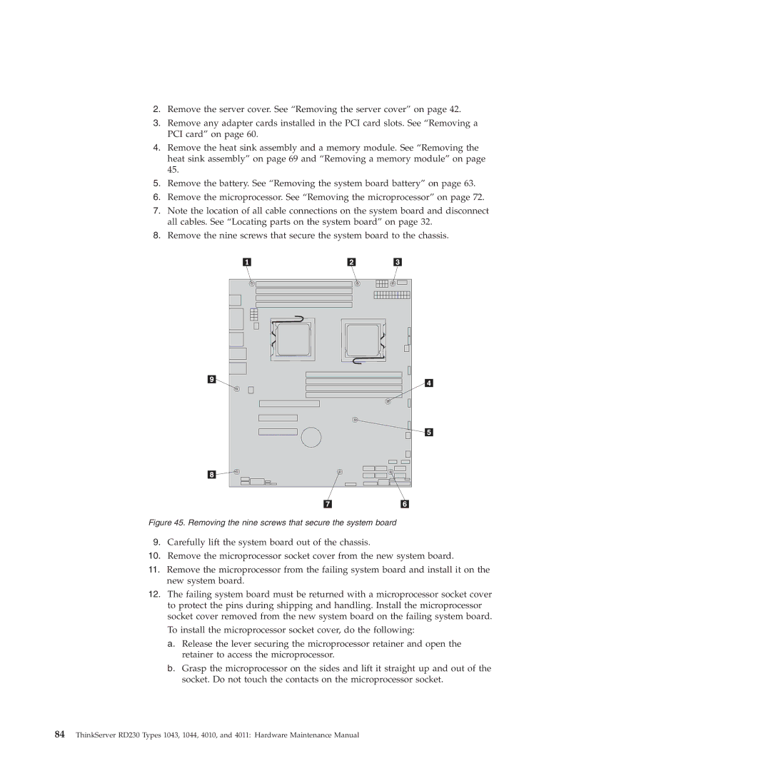 Lenovo RD230 manual Removing the nine screws that secure the system board 