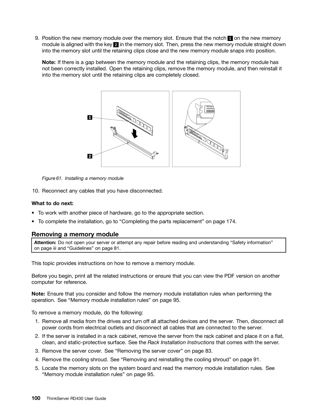 Lenovo RD430 manual Removing a memory module, What to do next 