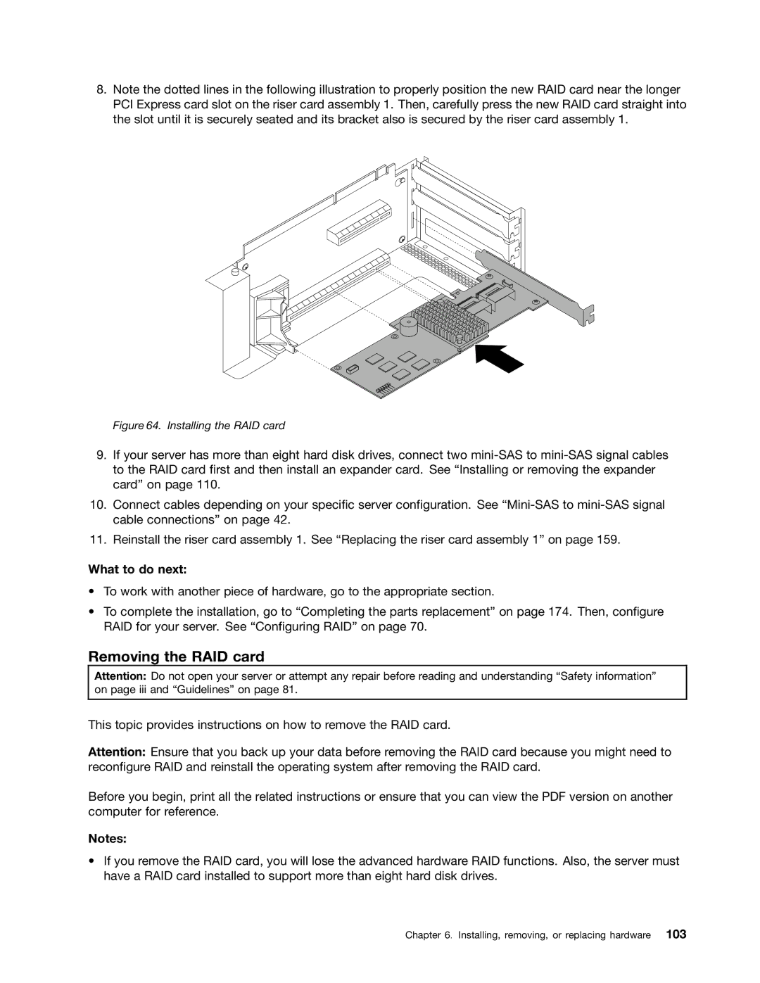 Lenovo RD430 manual Removing the RAID card, Installing the RAID card 