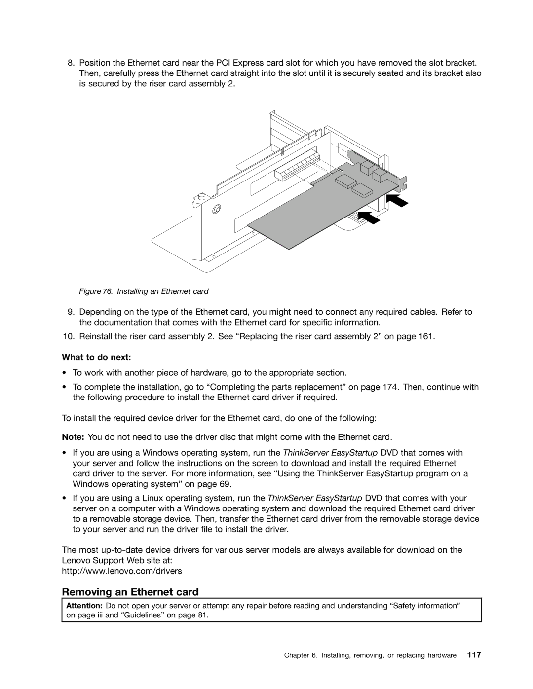 Lenovo RD430 manual Removing an Ethernet card, Installing an Ethernet card 