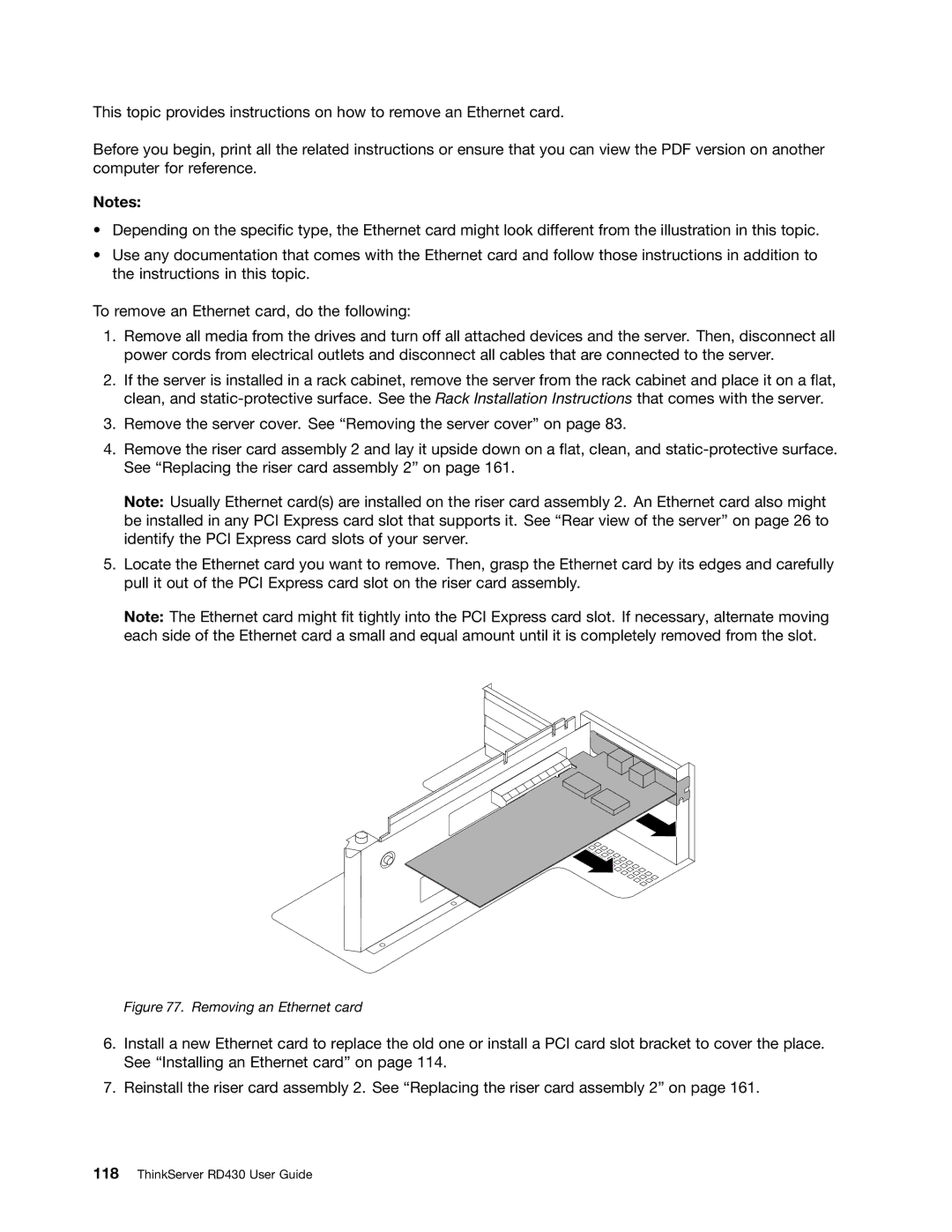 Lenovo RD430 manual Removing an Ethernet card 