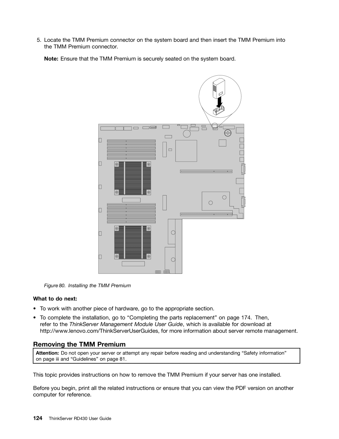 Lenovo RD430 manual Removing the TMM Premium, Installing the TMM Premium 