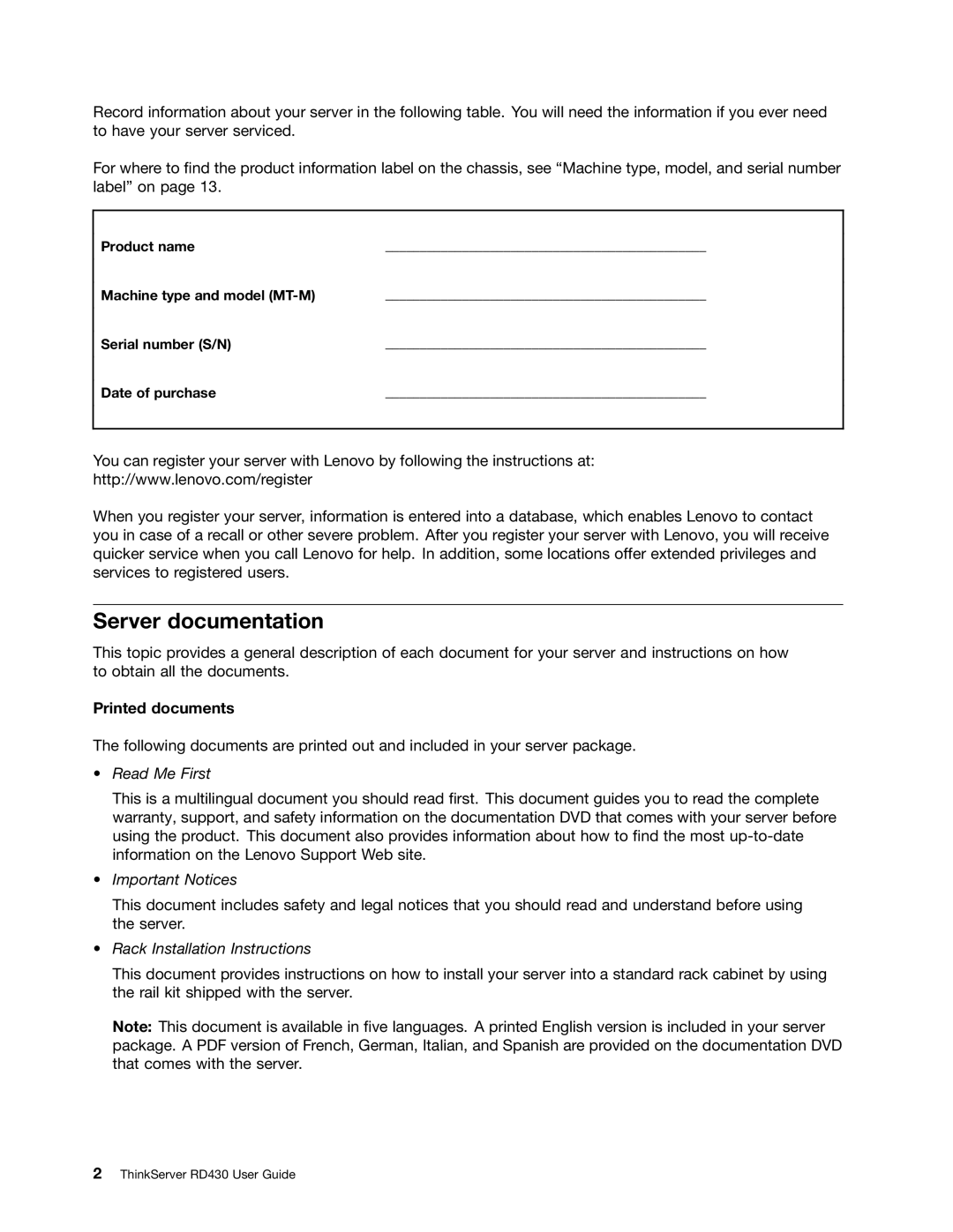 Lenovo RD430 manual Server documentation, Printed documents 