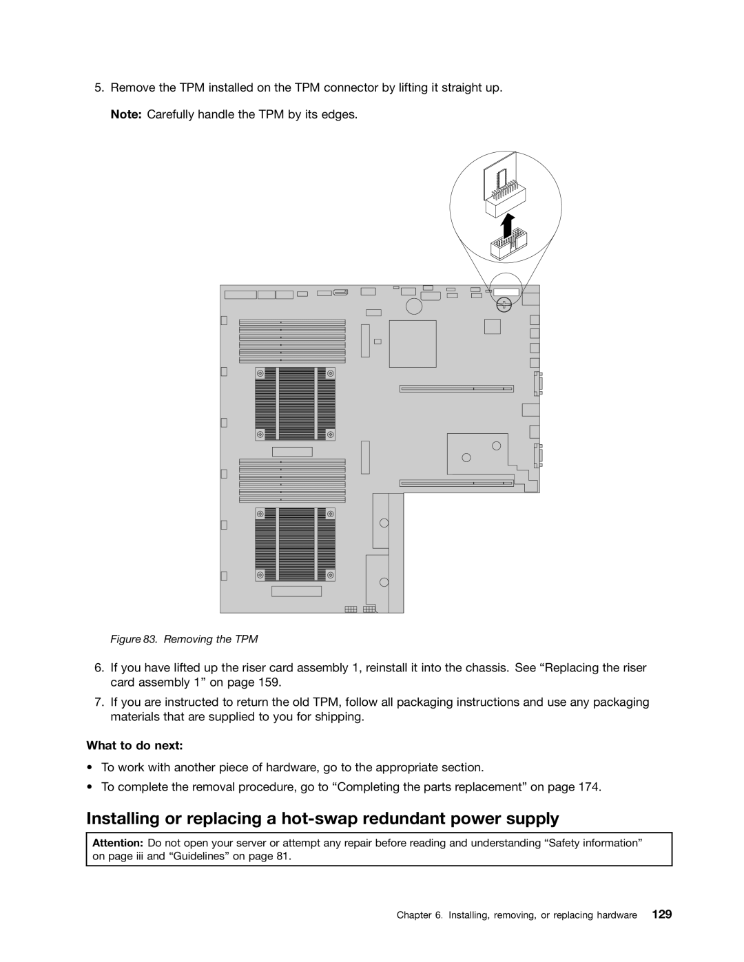 Lenovo RD430 manual Installing or replacing a hot-swap redundant power supply, Removing the TPM 