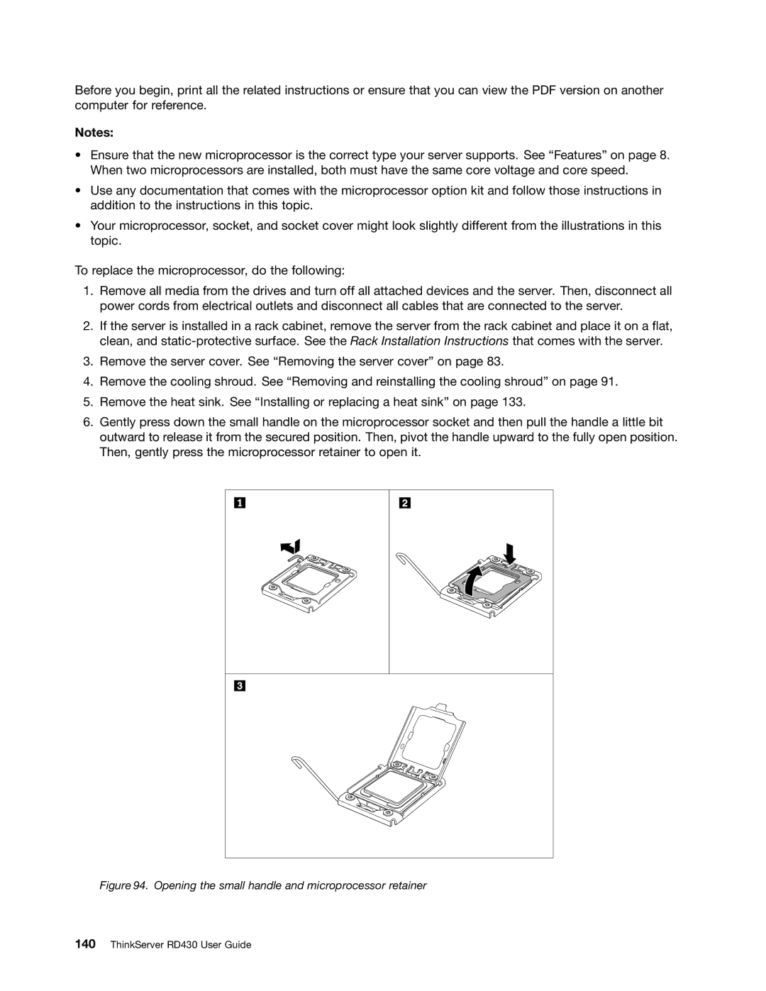 Lenovo RD430 manual Opening the small handle and microprocessor retainer 