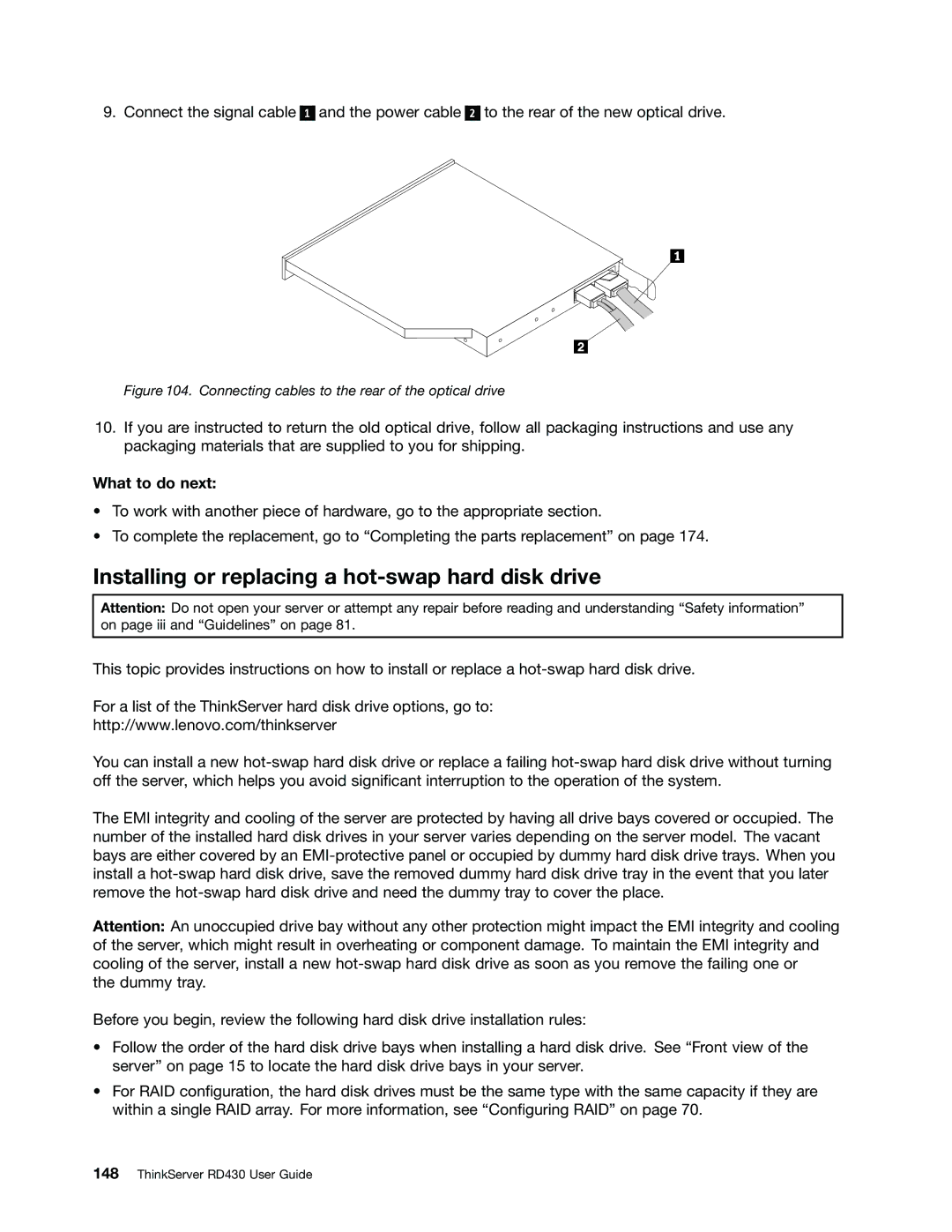 Lenovo RD430 manual Installing or replacing a hot-swap hard disk drive, Connecting cables to the rear of the optical drive 