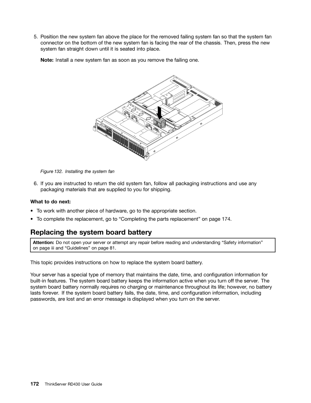 Lenovo RD430 manual Replacing the system board battery, Installing the system fan 