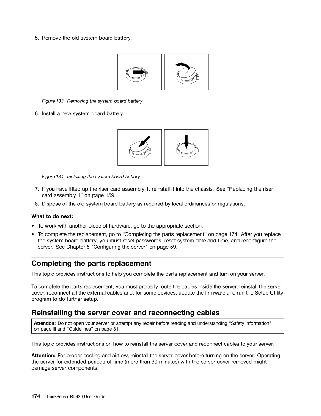 Lenovo RD430 manual Completing the parts replacement, Reinstalling the server cover and reconnecting cables 