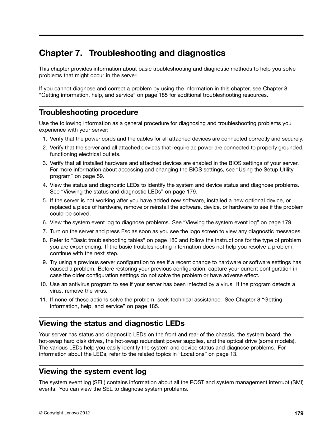 Lenovo RD430 manual Troubleshooting procedure, Viewing the status and diagnostic LEDs, Viewing the system event log, 179 