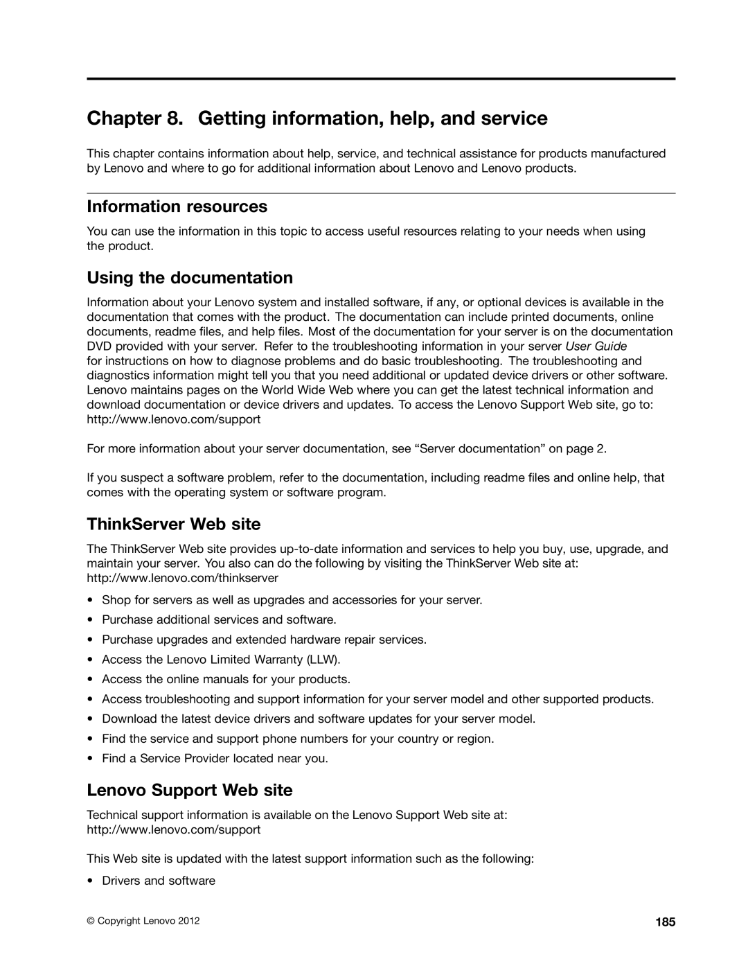 Lenovo RD430 manual Information resources, Using the documentation, ThinkServer Web site, Lenovo Support Web site, 185 