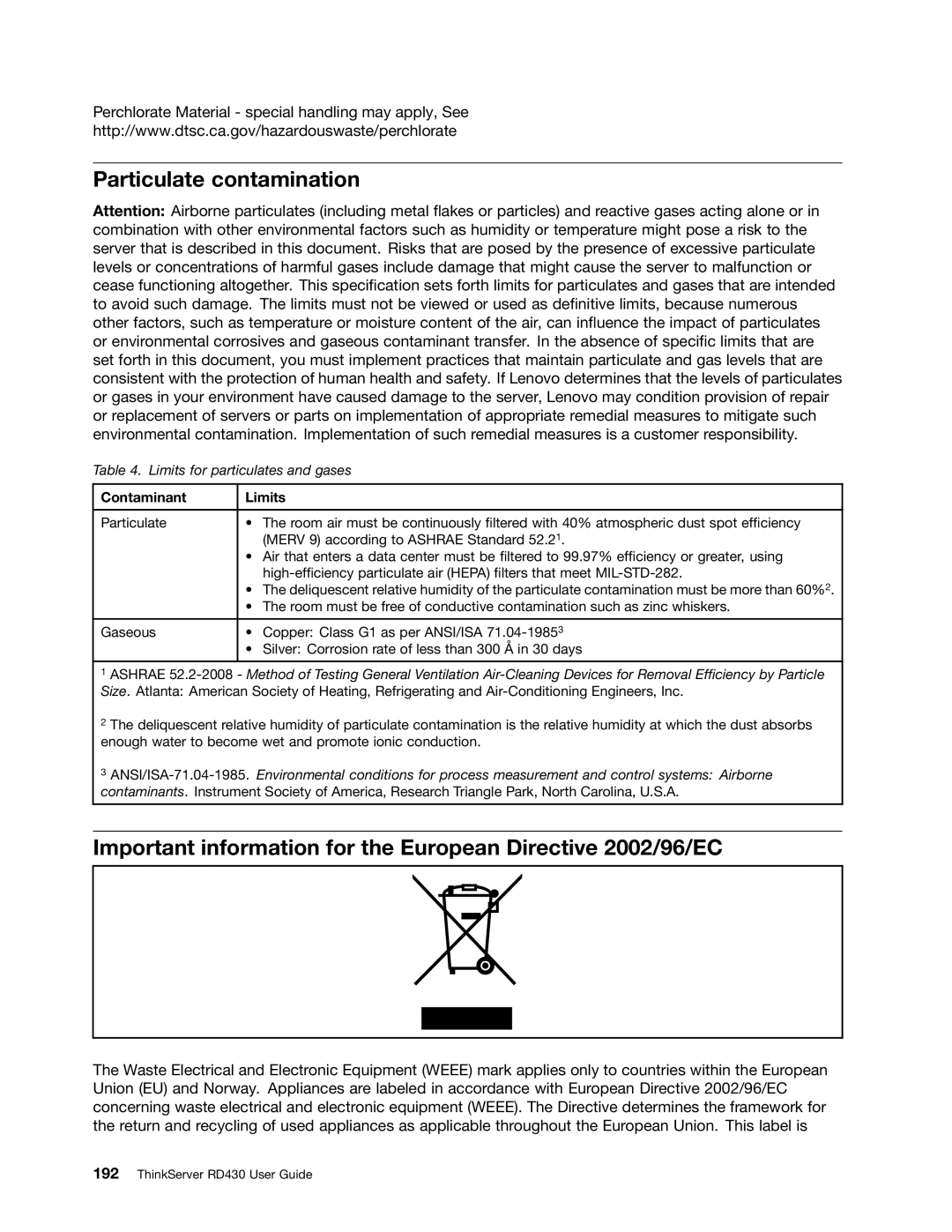 Lenovo RD430 manual Particulate contamination, Important information for the European Directive 2002/96/EC 