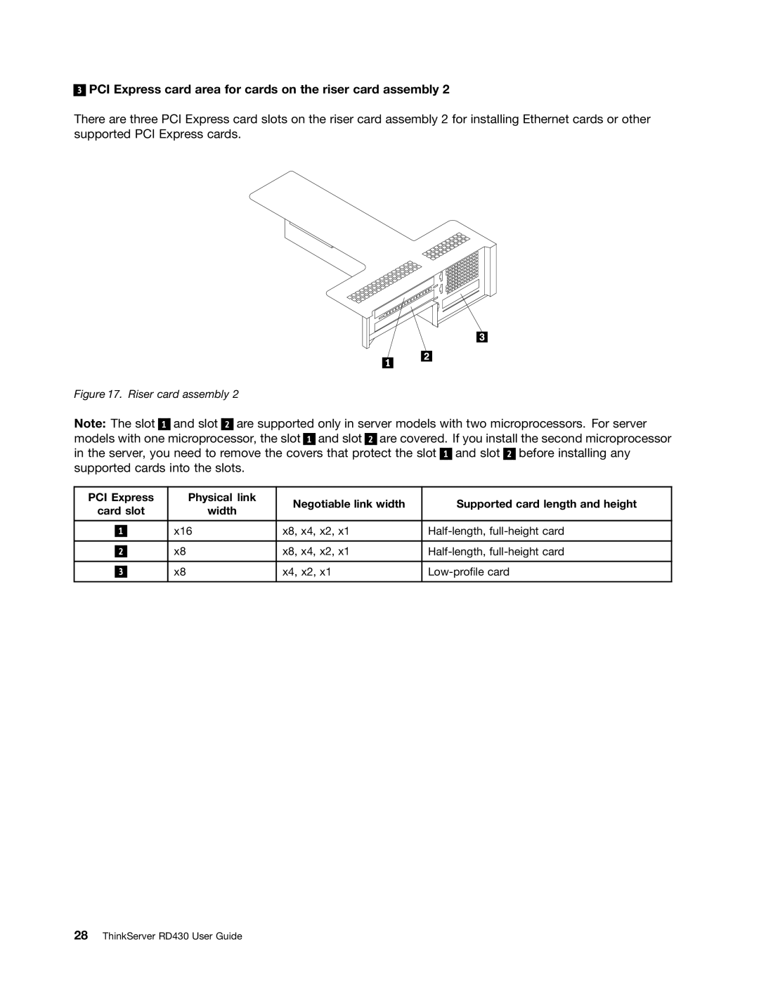 Lenovo RD430 manual PCI Express card area for cards on the riser card assembly, Riser card assembly 