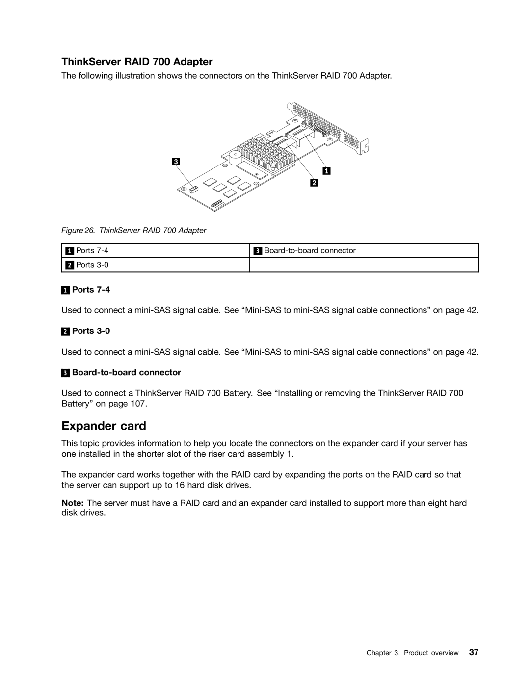 Lenovo RD430 manual Expander card, ThinkServer RAID 700 Adapter, Ports, Board-to-board connector 