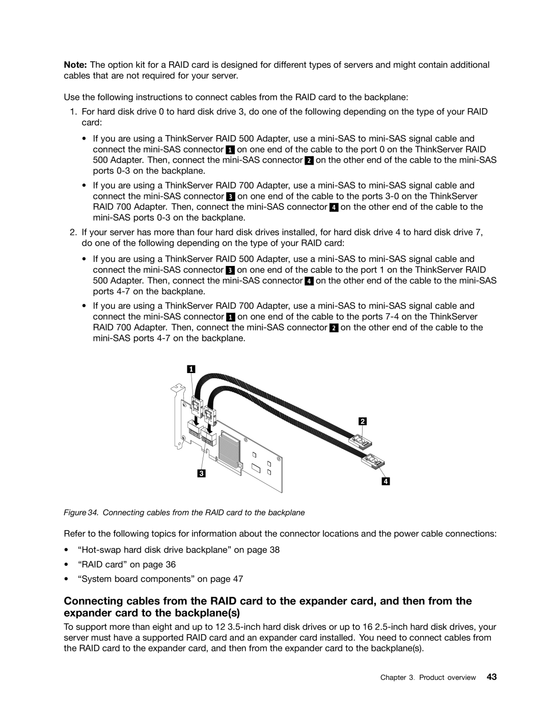 Lenovo RD430 manual Connecting cables from the RAID card to the backplane 