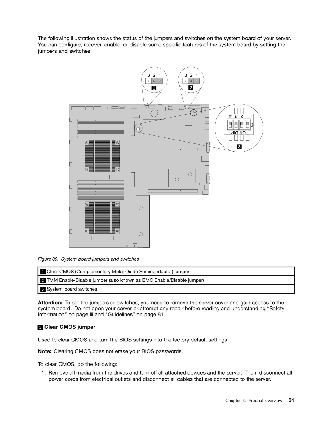 Lenovo RD430 manual Clear Cmos jumper, System board jumpers and switches 