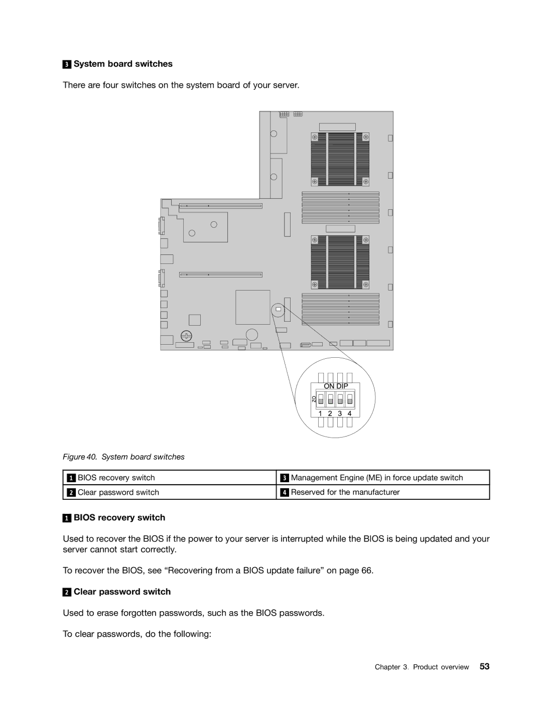 Lenovo RD430 manual System board switches, Bios recovery switch, Clear password switch 