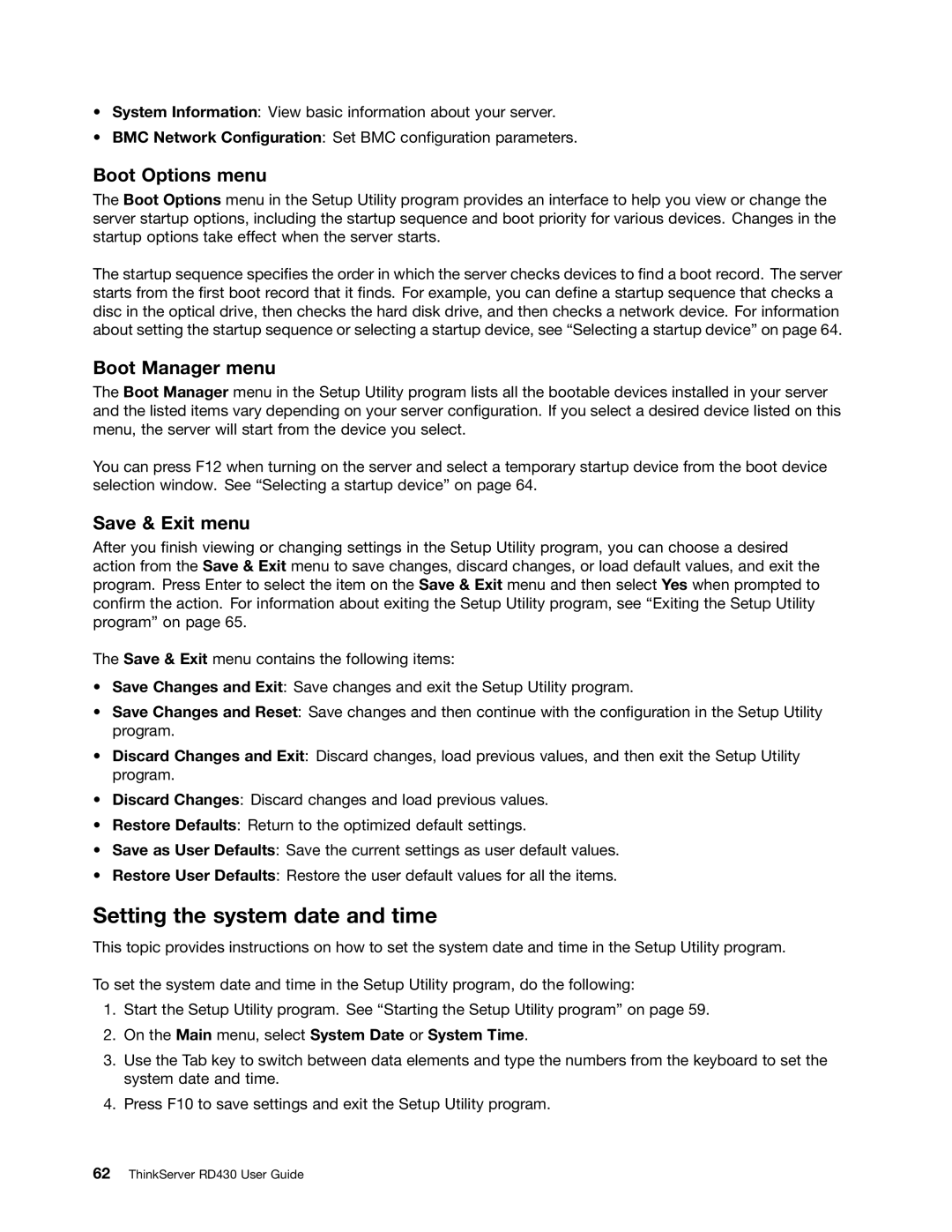 Lenovo RD430 manual Setting the system date and time, Boot Options menu, Boot Manager menu, Save & Exit menu 