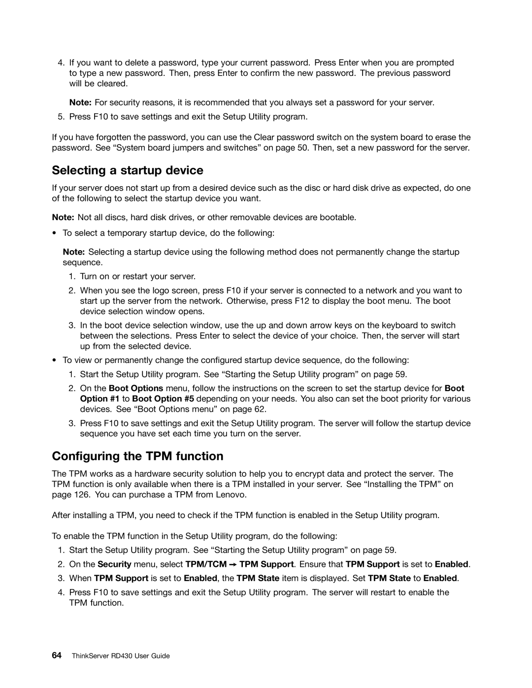 Lenovo RD430 manual Selecting a startup device, Configuring the TPM function 