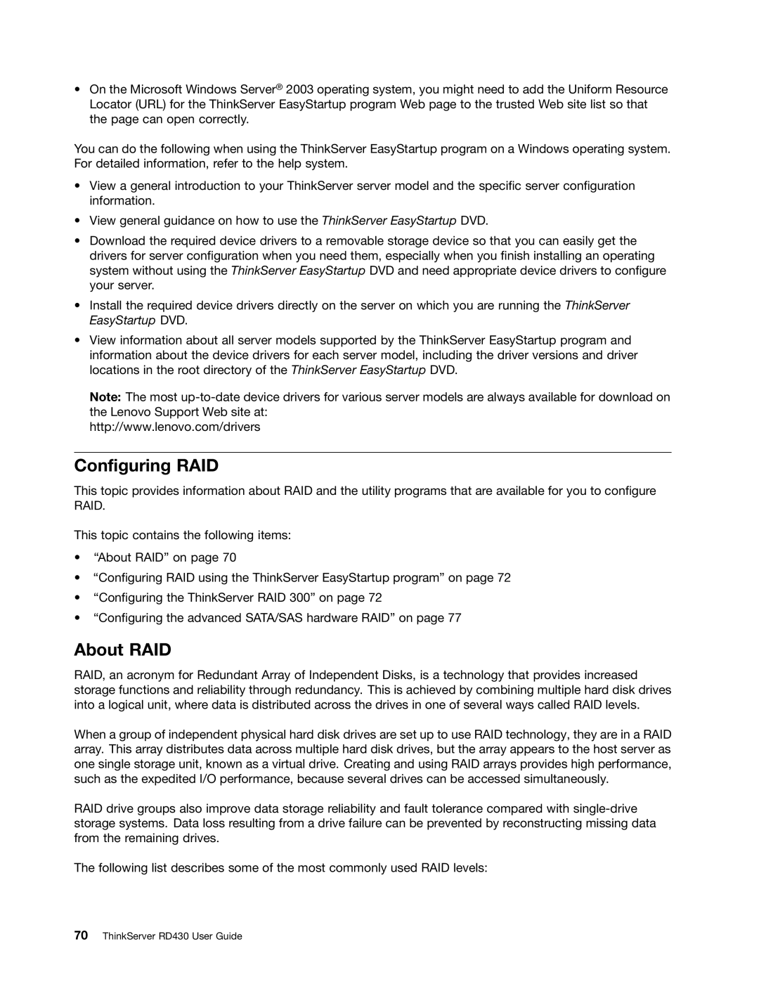 Lenovo RD430 manual Configuring RAID, About RAID 