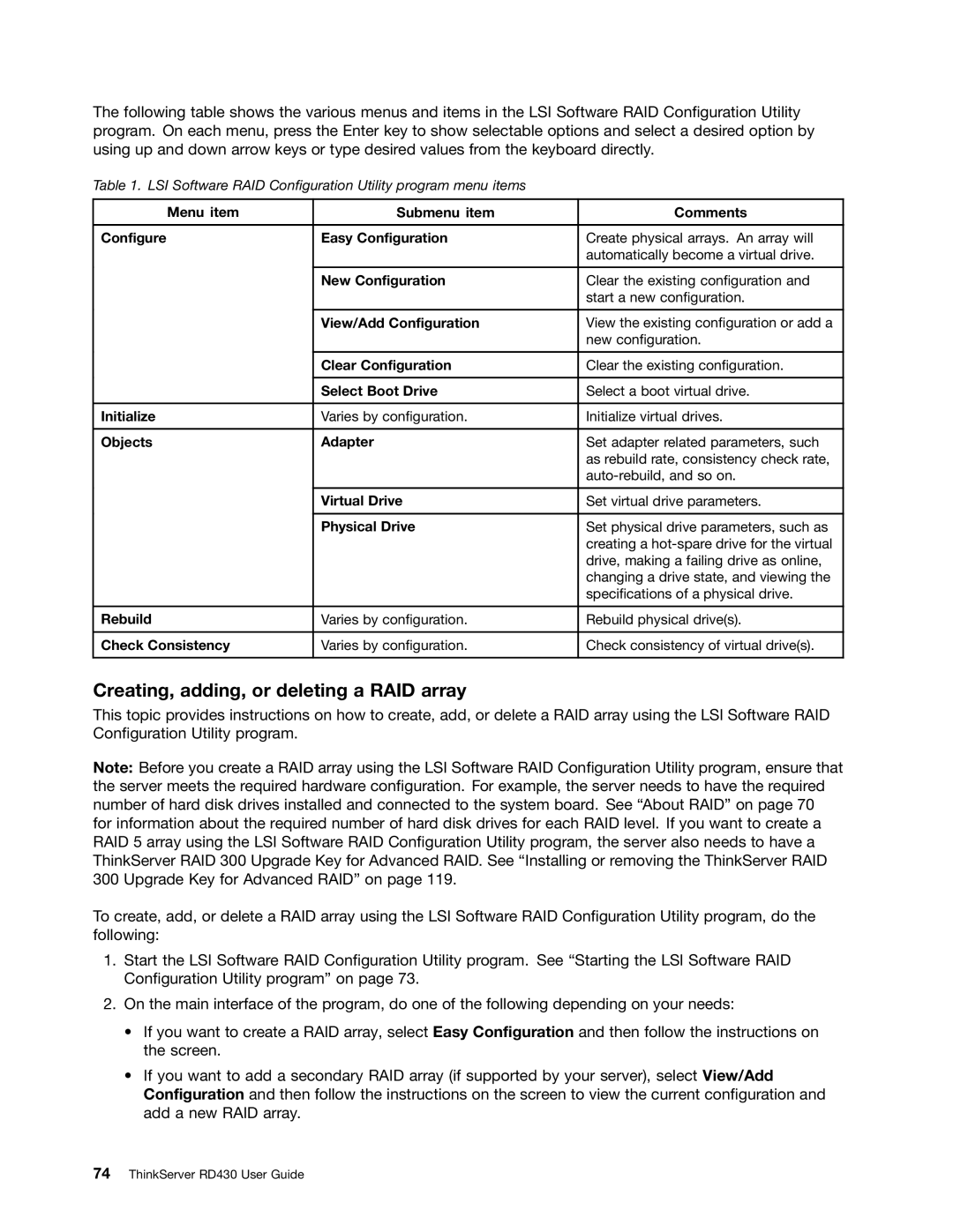 Lenovo RD430 manual Creating, adding, or deleting a RAID array, Objects Adapter 