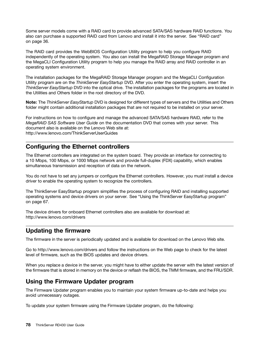 Lenovo RD430 manual Configuring the Ethernet controllers, Updating the firmware, Using the Firmware Updater program 