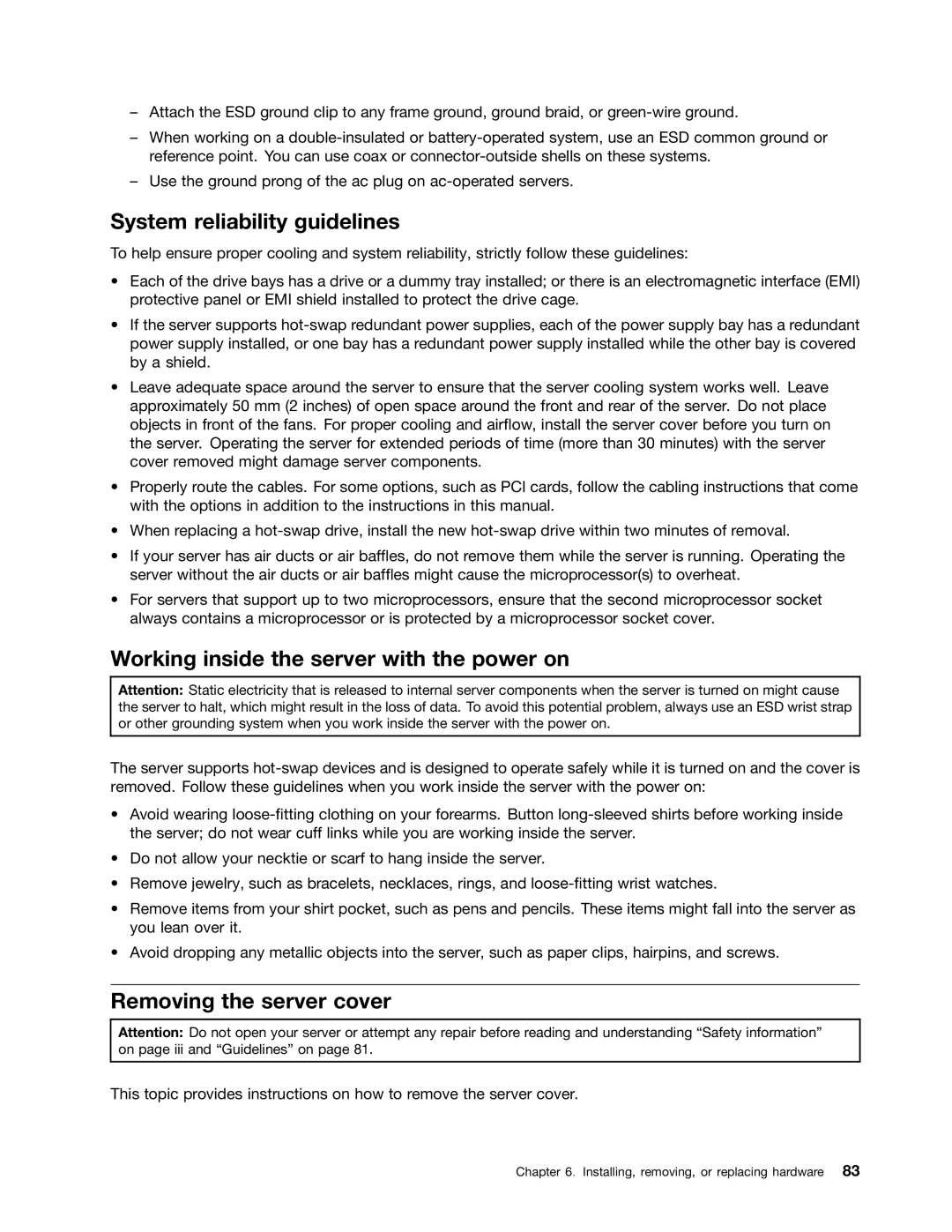 Lenovo RD430 manual System reliability guidelines, Working inside the server with the power on, Removing the server cover 