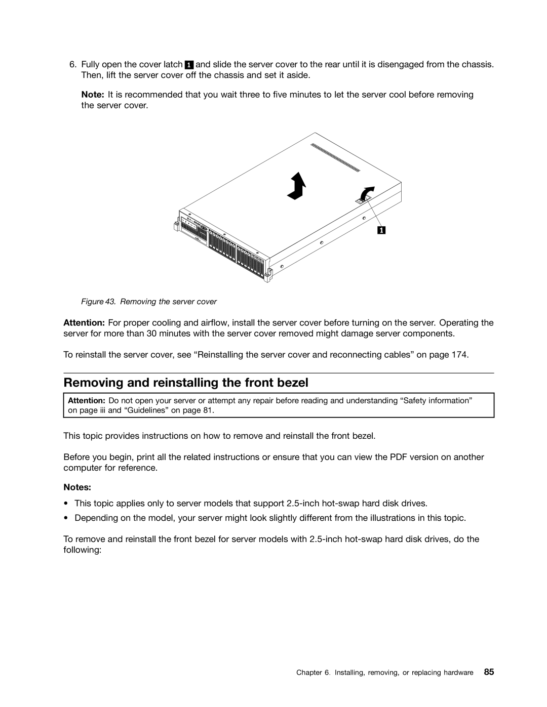 Lenovo RD430 manual Removing and reinstalling the front bezel, Removing the server cover 