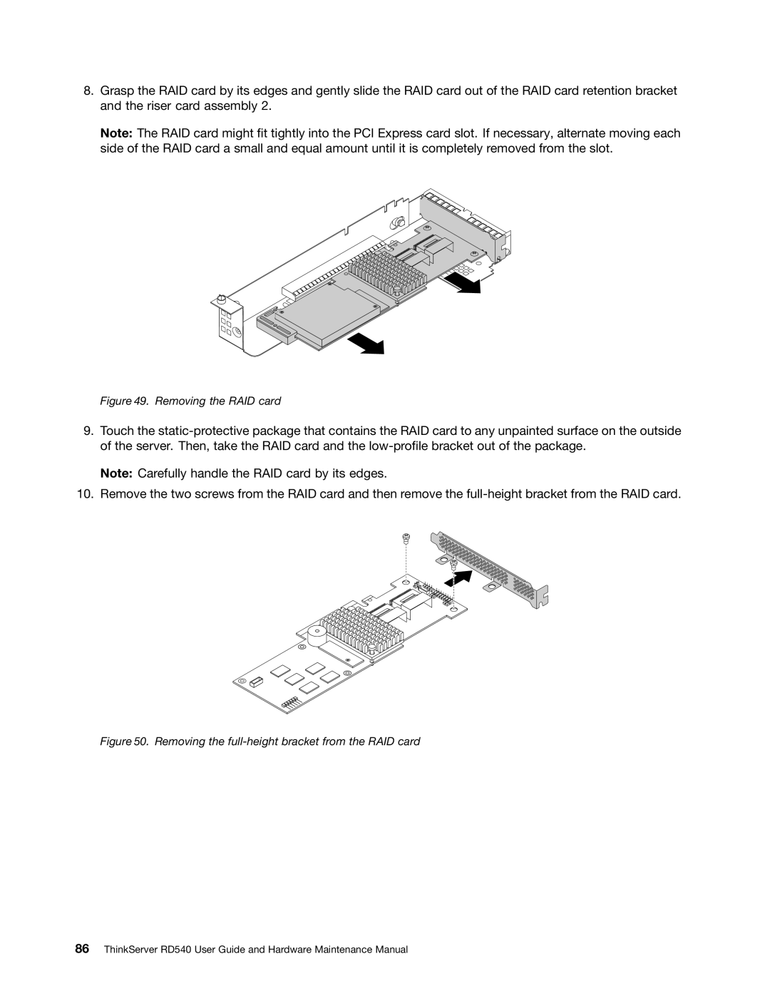 Lenovo RD540 manual Removing the RAID card 