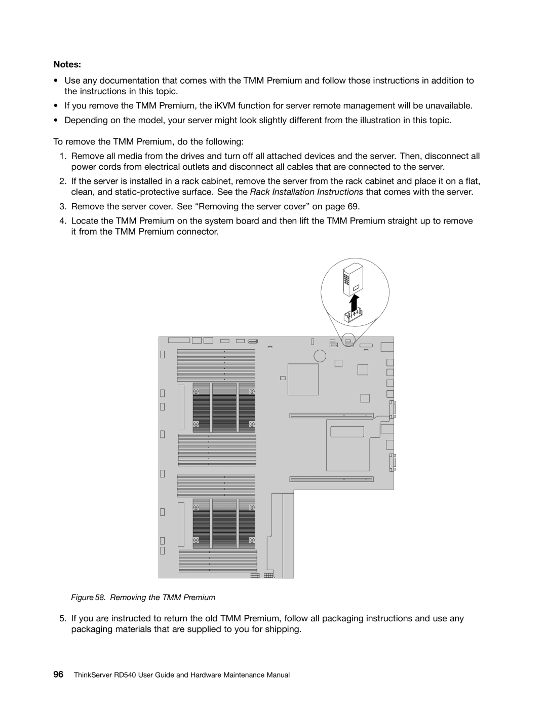 Lenovo RD540 manual Removing the TMM Premium 