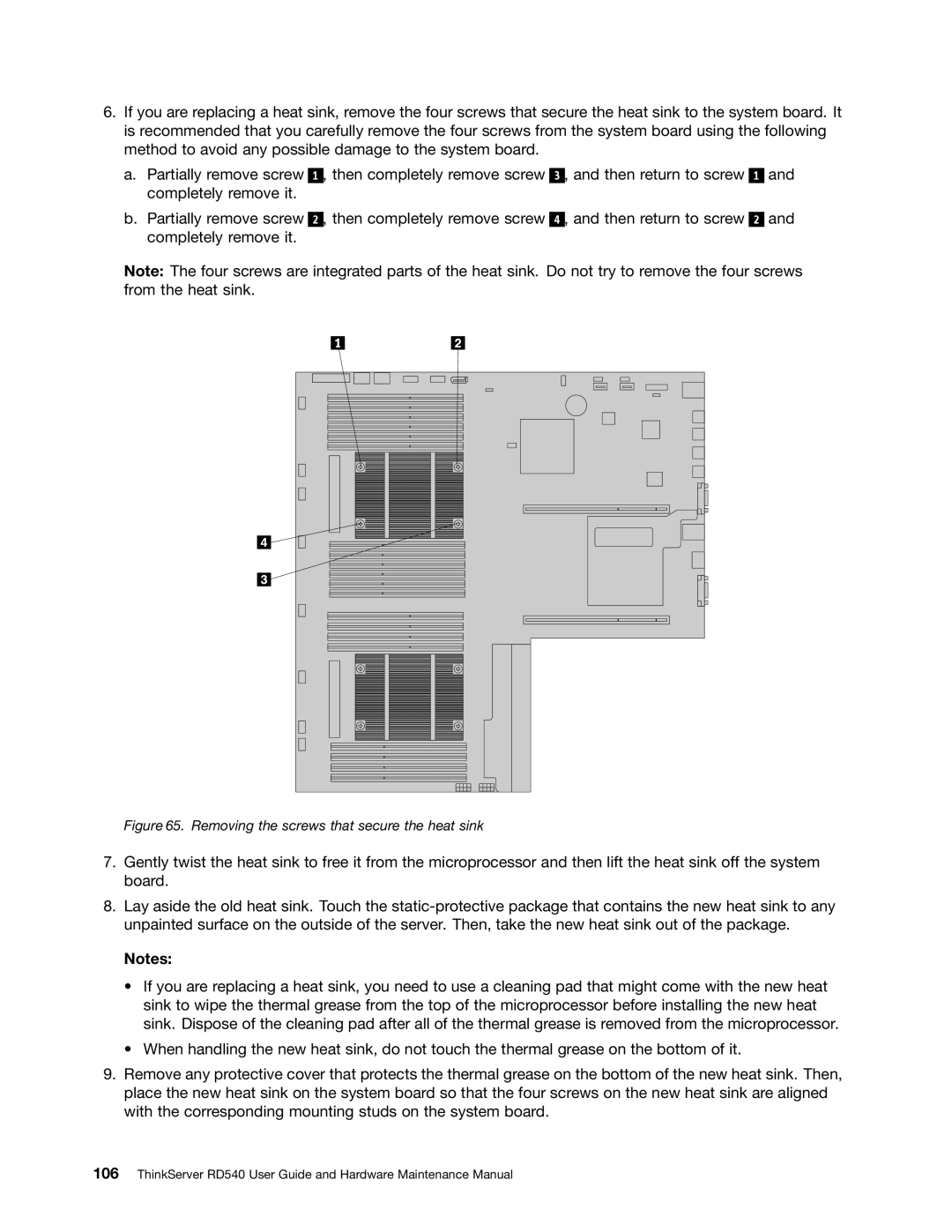 Lenovo RD540 manual Removing the screws that secure the heat sink 