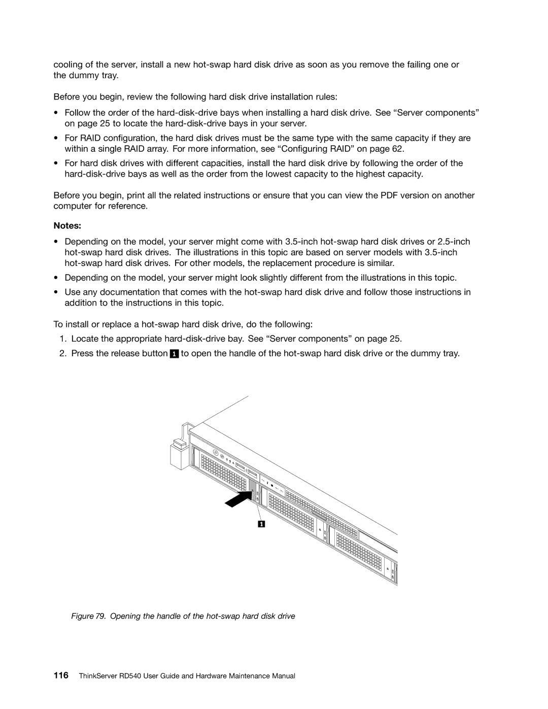 Lenovo RD540 manual Opening the handle of the hot-swap hard disk drive 