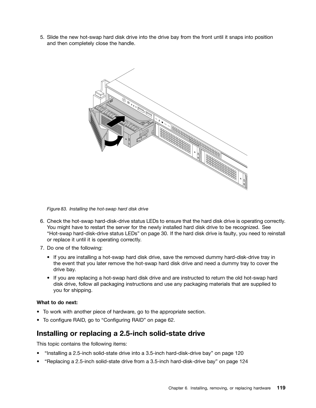 Lenovo RD540 manual Installing or replacing a 2.5-inch solid-state drive, Installing the hot-swap hard disk drive 