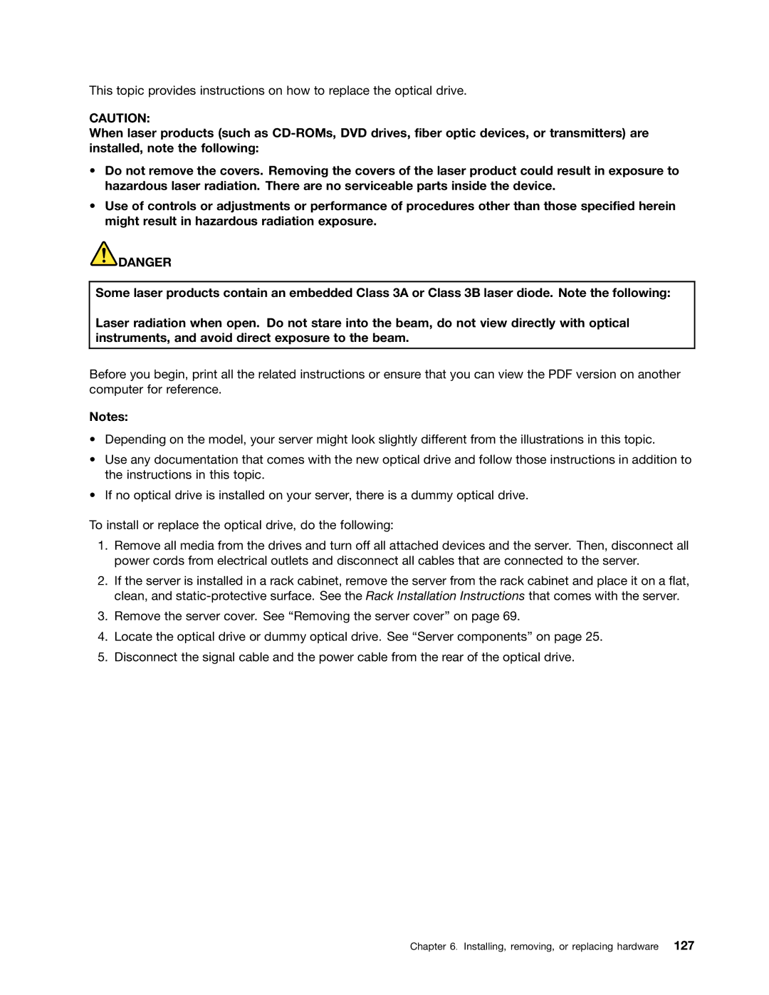 Lenovo RD540 manual Installing, removing, or replacing hardware 