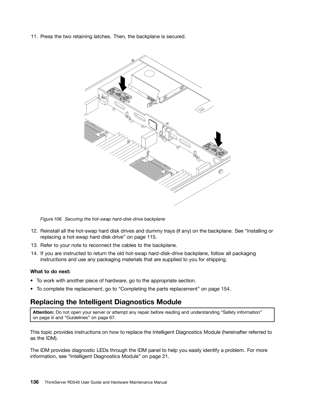 Lenovo RD540 manual Replacing the Intelligent Diagnostics Module, Securing the hot-swap hard-disk-drive backplane 